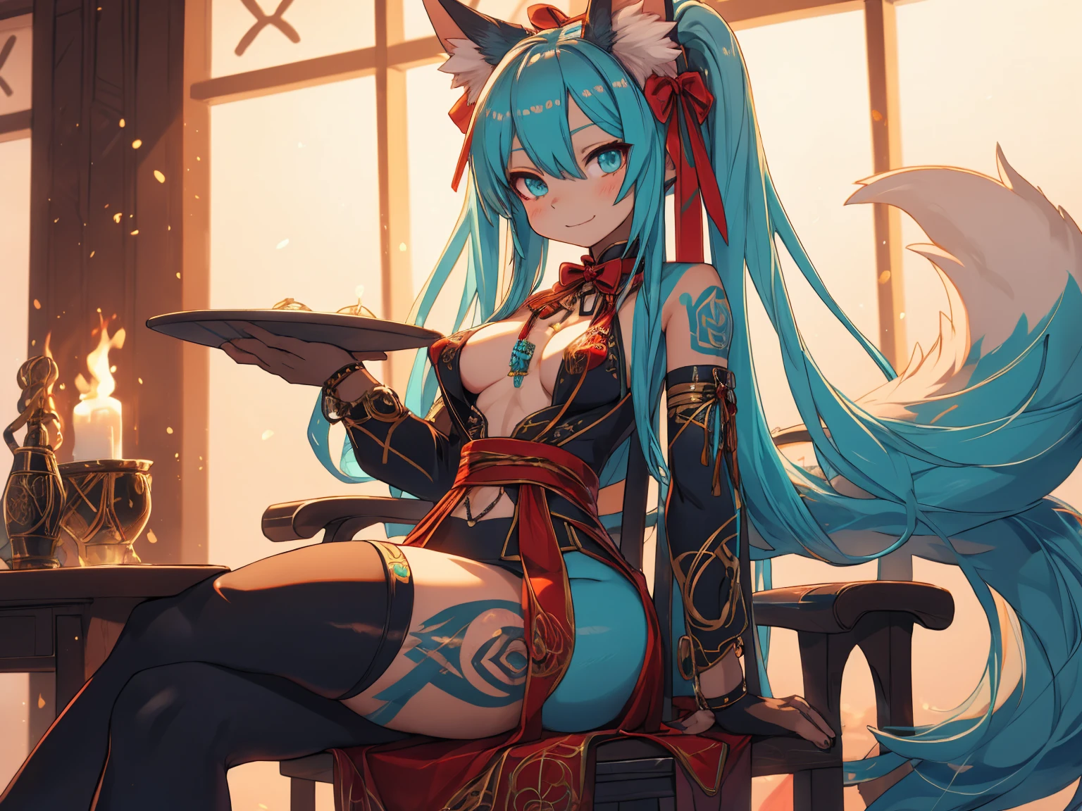 Miku Hatsune, High Definition, kitsune ears, tribal tattoo, gorgerous girl, Small breasts add_detail, magician girl add_detail, sitting in a chair facing forward, thin waist, wide hips wide thighs add_detail:1