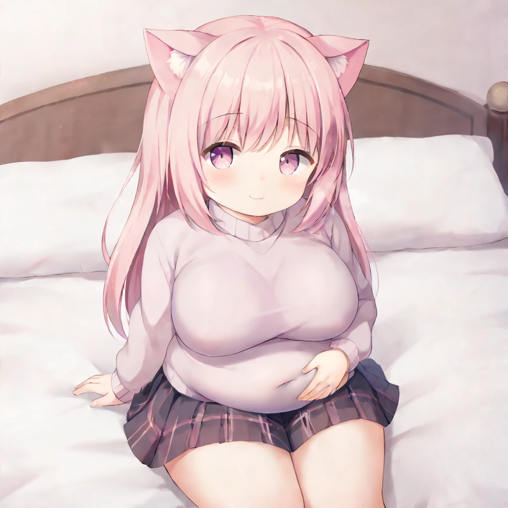 A chubby girl with pink hair and cat ears wearing a sweater and a skirt her belly is really big she sitting on a bed rubbing her belly