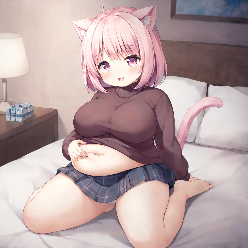 A chubby girl with pink hair and cat ears wearing a sweater and a skirt her belly is really big she sitting on a bed rubbing her belly