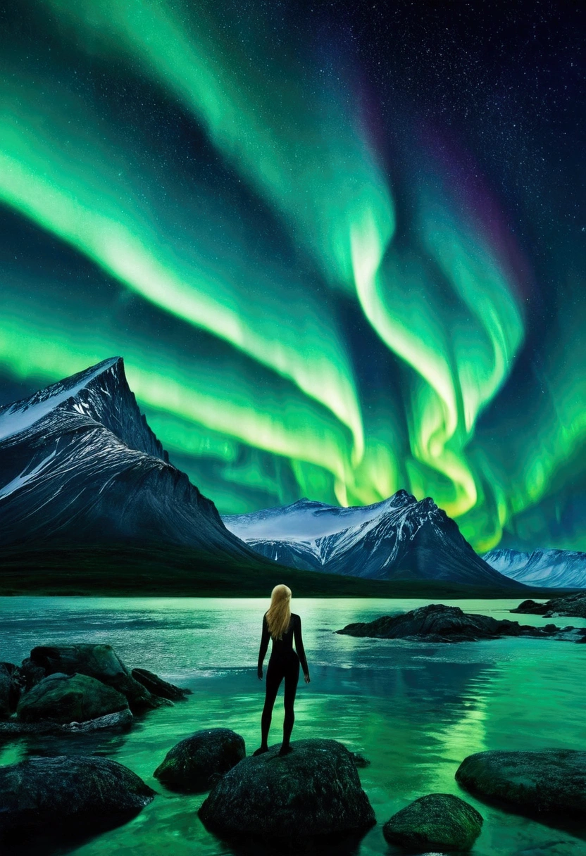 Create images of aurora borealis and starry sky and mermaids and arctic creatures