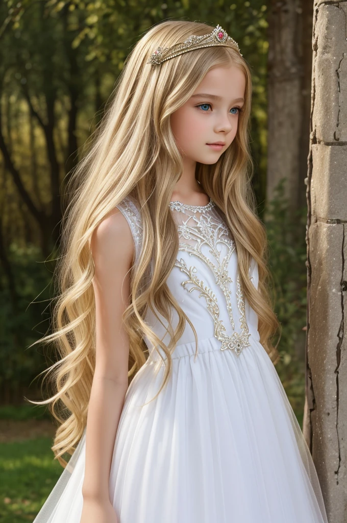 beautiful little medieval russian princess girl 14 year old, long blonde wavy hair, transparent white dress