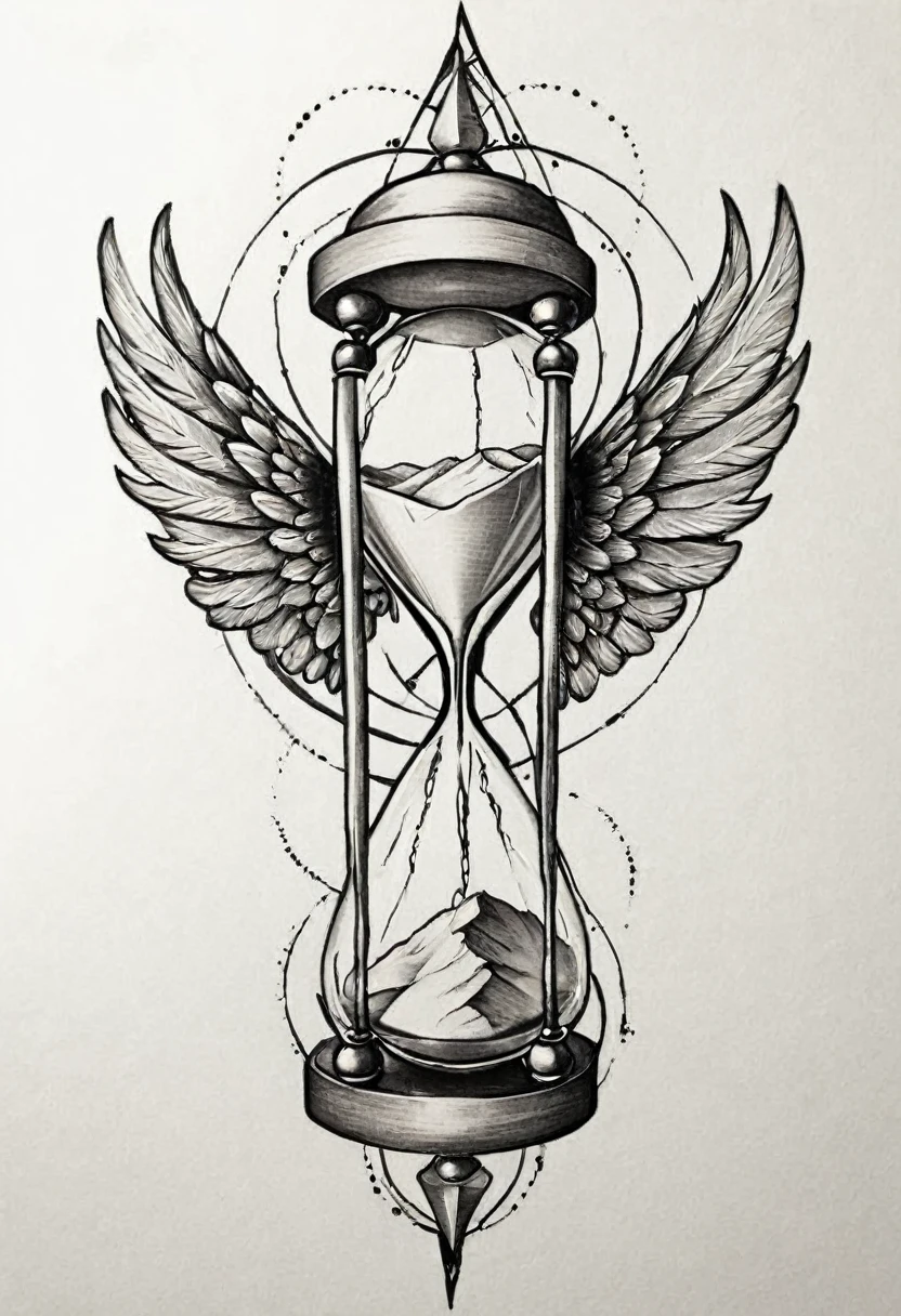 drawing of a minimalist tattoo, hourglass with wings 