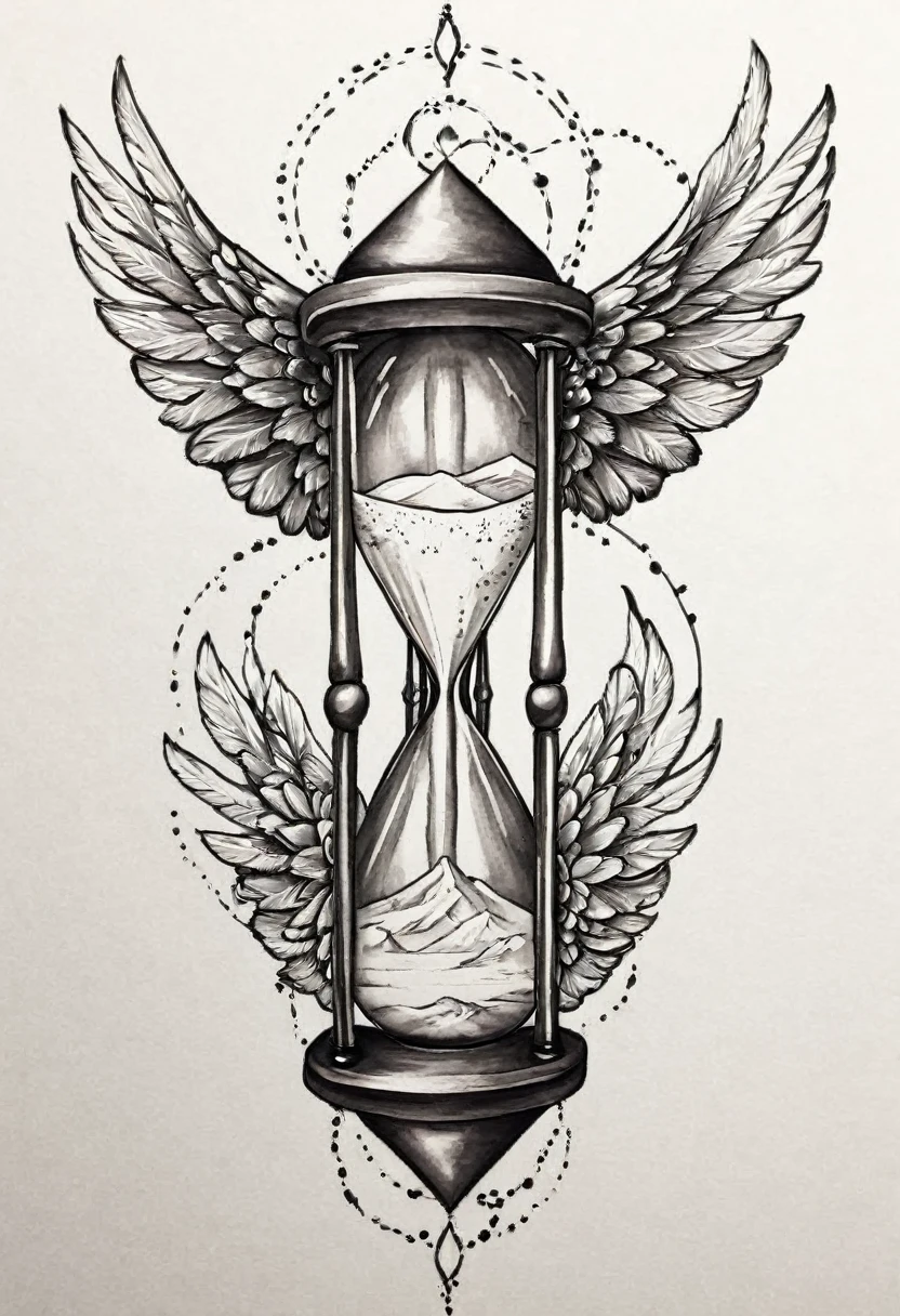 drawing of a minimalist tattoo, hourglass with wings