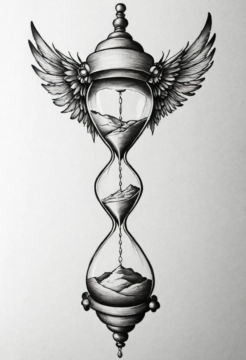 drawing of a minimalist tattoo, hourglass with wings