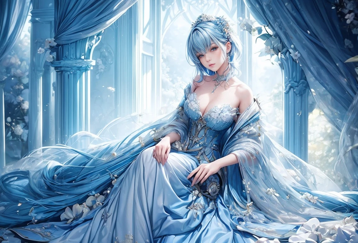 masterpiece, a beautiful woman, oil paintings, a beautiful dress, fantasy, light blue hair,