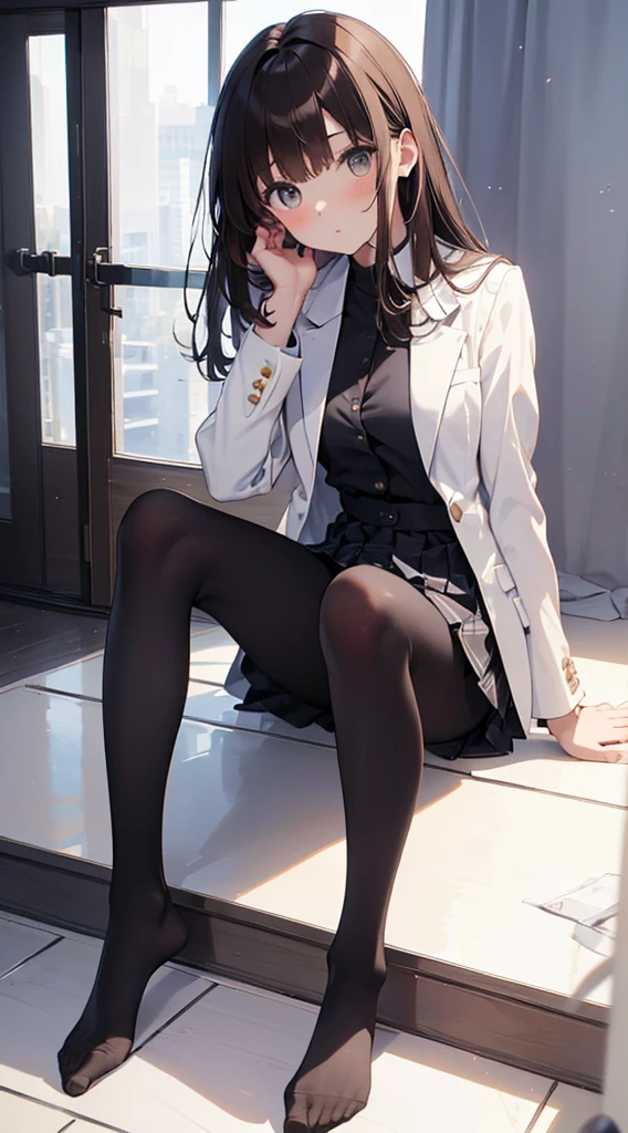 Top quality, masterpiece, High resolution, (Head to toe full body), front, frontやや下からの構図, Symmetric, Tall 18 year old girl, alone, (Head to toe), (Small breasts), Unkempt brown hair, bangs, (black tights), (Black Pantyhose), (Sit with your legs apart), (Crouching pose), (A composition showing white panties), (Her legs were spread、I see your white pants.), (I was made to sit on the floor with my legs spread..), (M-shaped legs), Thin legs, A very beautiful and tall 18 year old girl, (No shoes), blush, Shy big eyes, looking at the camera, Blazer Uniform, Checkered Pleated Skirt