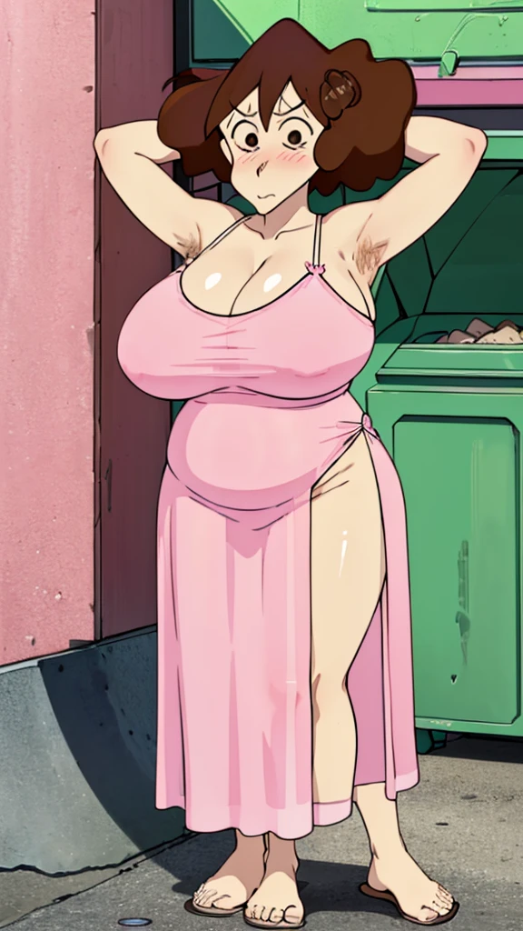 Misae Nohara, (Auntie:1.5), (Mature Woman:1.5), (absurderes, 8K, 4K, masutepiece, hyper extreme detailed:1.2), Best Quality, Perfect Anatomy,Perfect face,High humidity, (Huge breasts:1.7), (A sheer pink nightgown:1.4), (Wet:1.2), (.Alley:1.3), Graffitied wall, Garbage can, Scattered trash, (alone:1.5), (Brown eyes:1.2), (Clothing is revealing:1.2), Exposed shoulders, Torn clothes, Are pregnant, Firm breasts, Upturned nipples, Showing cleavage, Mole on chest, (Thick armpit hair:1.4), (blush:1.2), relief, peace of mind, (maternal:1.3), (A lewd look:1.4), (Outdoor:1.5), (Out:1.3)