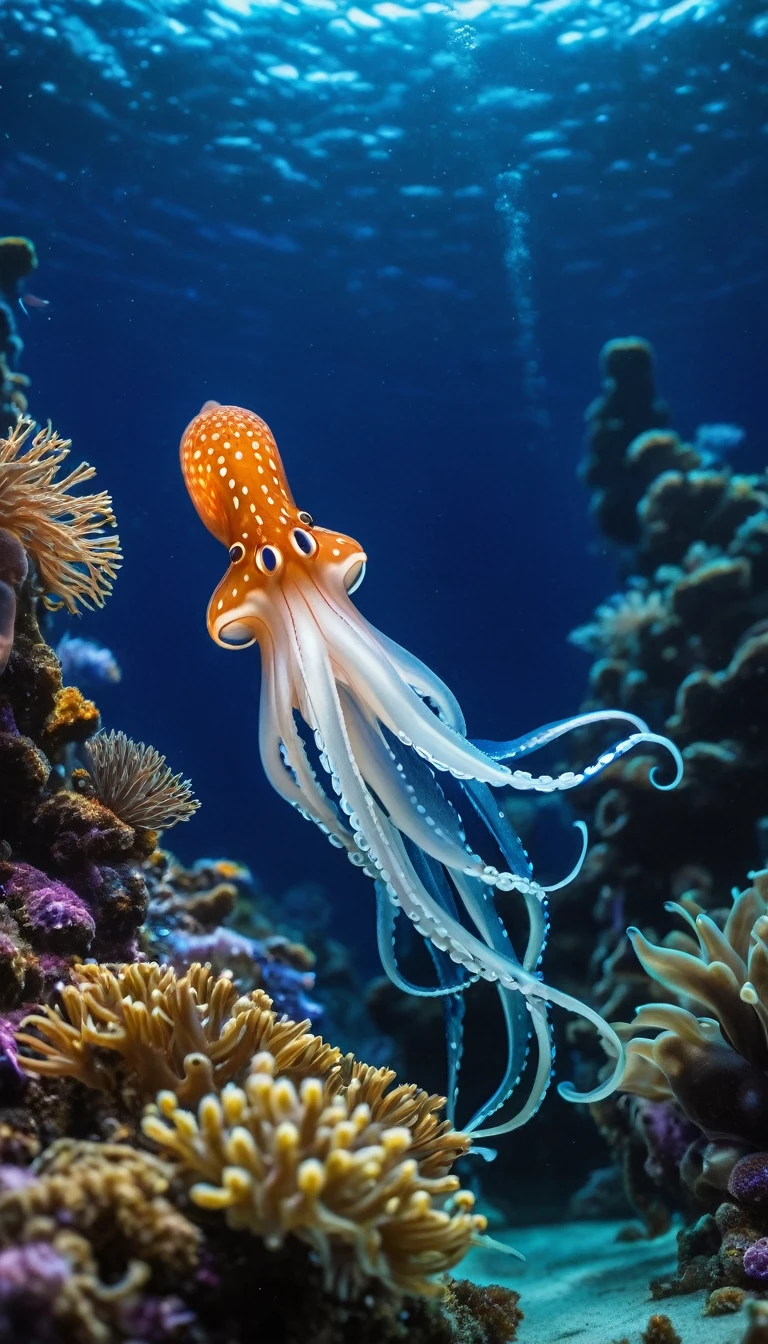 A detailed image of a squid swimming gracefully in the deep blue ocean. The squid has elongated, streamlined body and tentacles covered in small, bioluminescent spots that glow softly in the dark. The background is filled with an array of underwater plants and distant schools of fish, adding depth to the scene. The squid's movements are fluid and elegant, as it glides effortlessly through the water."