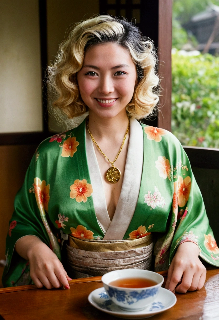 Woman, german, European, age 25, wavy and tied solar blonde hair, clear green eyes, with gold necklaces and nipples, wearing a holey and torn floral kimono, sorrindo ao lado de Woman, japanese, 20 year, black hair, eyes browns, wearing silver necklace, com um kimono floral queimado e furado em uma casa de chá tipica japanese em 1945, with cakes and tea on a table both smiling old style photo from 1945