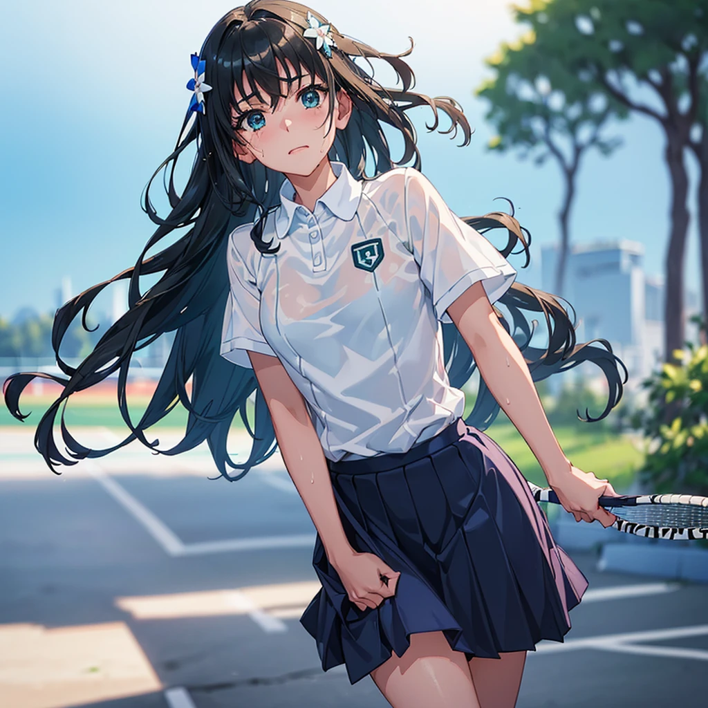 (((​masterpiece,top-quality,超A high resolution))),1womanl, ,(((Wet with sweat))),Beautiful breasts,12year old,,(((serious faces)),(((I'm blushing))),(((Nariko Saten)),,(((Best Quality,4K,in 8K))),((closes mouth)),(((See-through white and blue tennis uniform)),The wind almost makes my skirt flip up,