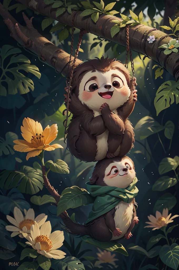 Sloth hanging from a tree,Open your mouth,close, Pixar movie style, 最high quality, Still image, very cute, Big eyes, Birds and flowers around, Rainforest,very happy,Attention to detail, high quality, masterpiece, Accurate, Super detailed,