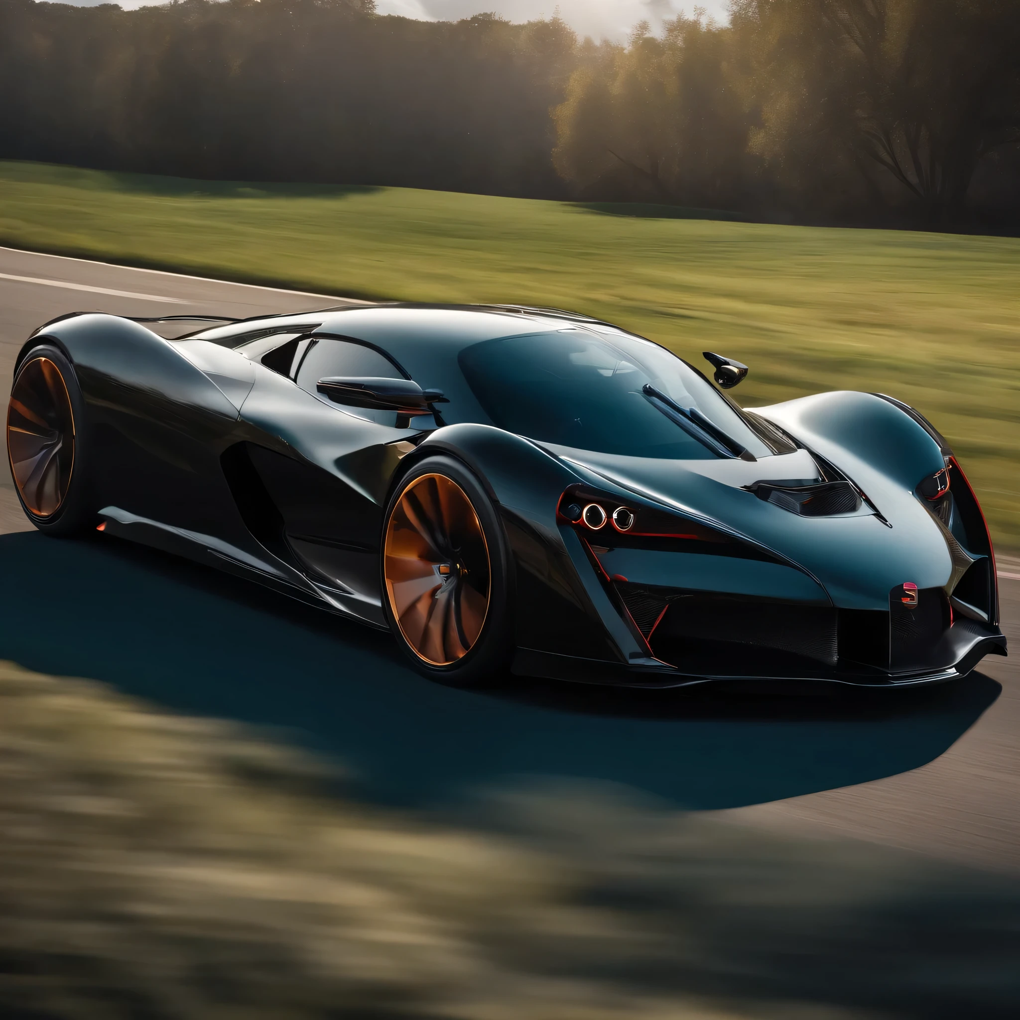 Front and side two-seater hyper car, absurdrez, super realistico, color black 