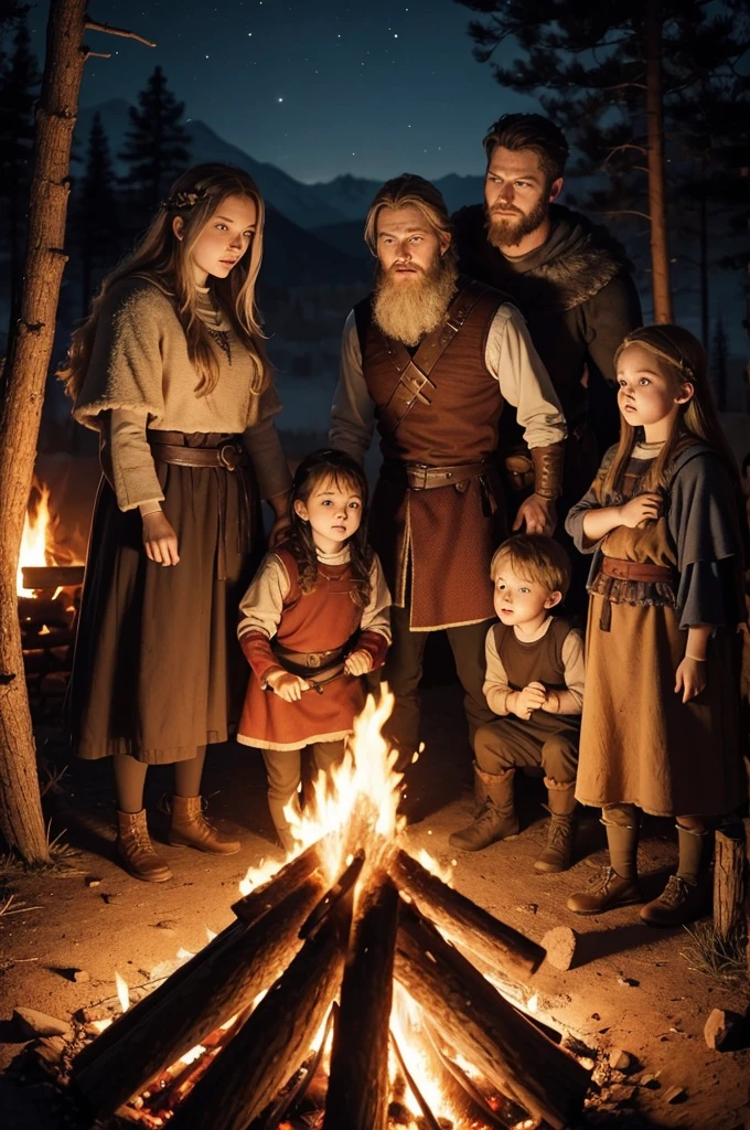 A Viking family near a campfire having 2 children one being a blind daughter and a younger brother
