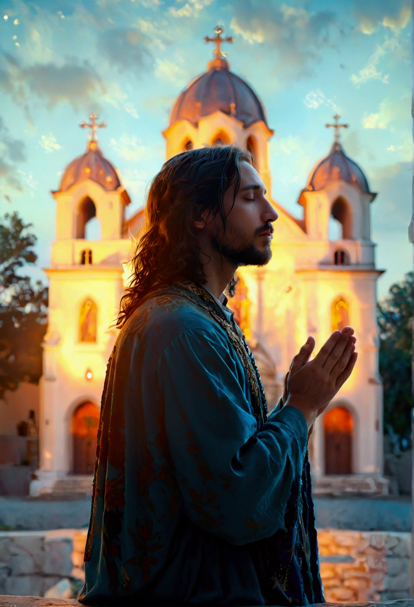 Image of a person praying with a serene face and a bright background. The background image is a Catholic church, with an image of Jesus and Our Lady