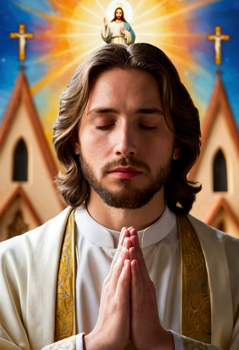 Image of a person praying with a serene face and a bright background. The background image is a Catholic church, with an image of Jesus and Our Lady