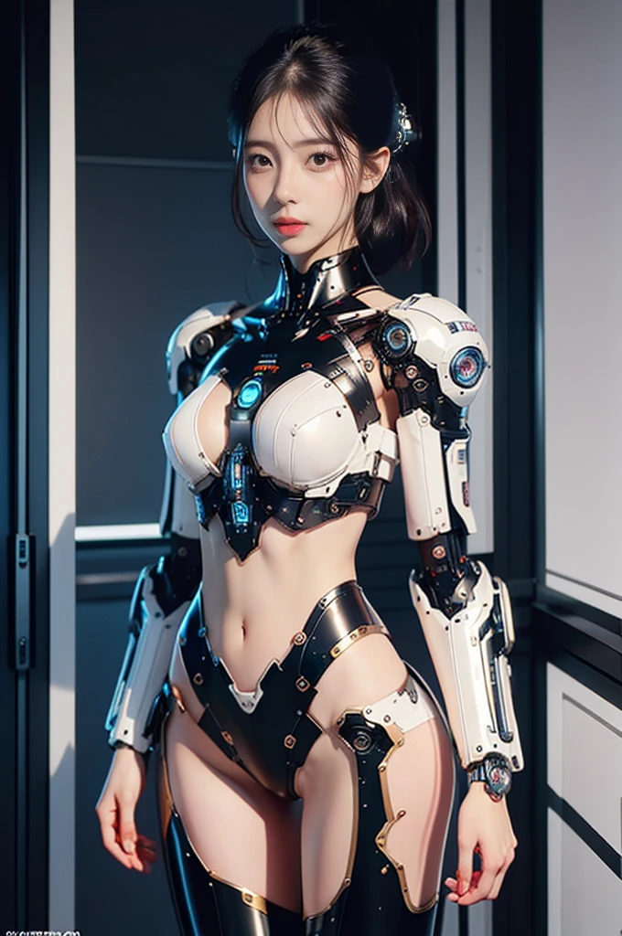 best quality, 1080P, Masterpiece, Ultra high resolution, realistic, ultra realism, Realistic skin texture, Extreme skin detail, Balanced slender body, {{full body view}}, dslr, Detailed eyes, Double eyelids, very beautiful face, Concise facial structure, Gorgeous Asian woman, ((Detailed facial features)), (finely detailed skin), Pale skin, Realistic skin texture, Extreme skin detail, oc render reflection textures, Realistic light and shadow }}, Single picture, alone, Age 20, Height 165, naked girl, Nude, no underwear, ((1 mechanical girl)), Mecha, Mecha girl, droid, {{ Raw skin reveals cleavage, shiny black bodysuit, Very complicated details, A girl with the body of a mechanical robot., Transparent futuristic black glass mech armor suit, The mechanical cervix is attached to the neck., The robot circuit is stuck in the middle of the back., flat stomach, Woman with perfect robot arms and legs, full body view, Whole body photo. beautiful breasts, mechanical high heels,}}