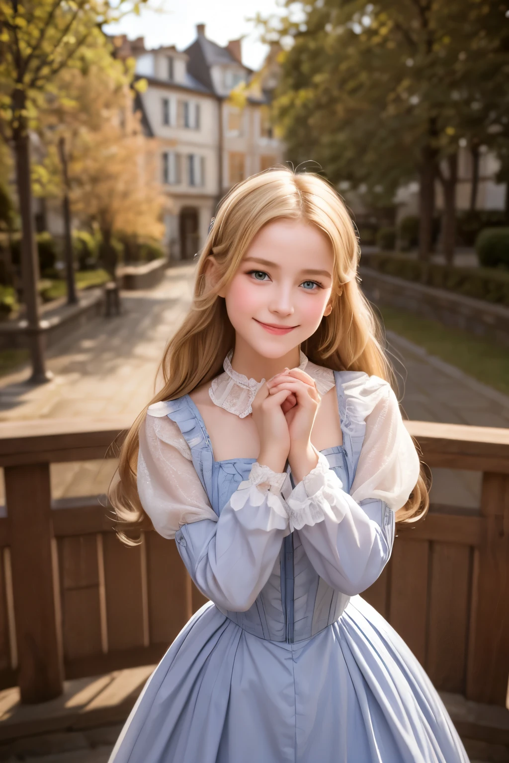 village realisticlying、Virginia Otis -yeld ble hair blue eyes、City of victorian age, Europe. aristocrat girl、Looking up from below、 wear long sleeve sheer fabric dress、Various dynamic  poses、Face smile、cute face, Depicts the whole body、dinamyc pose
