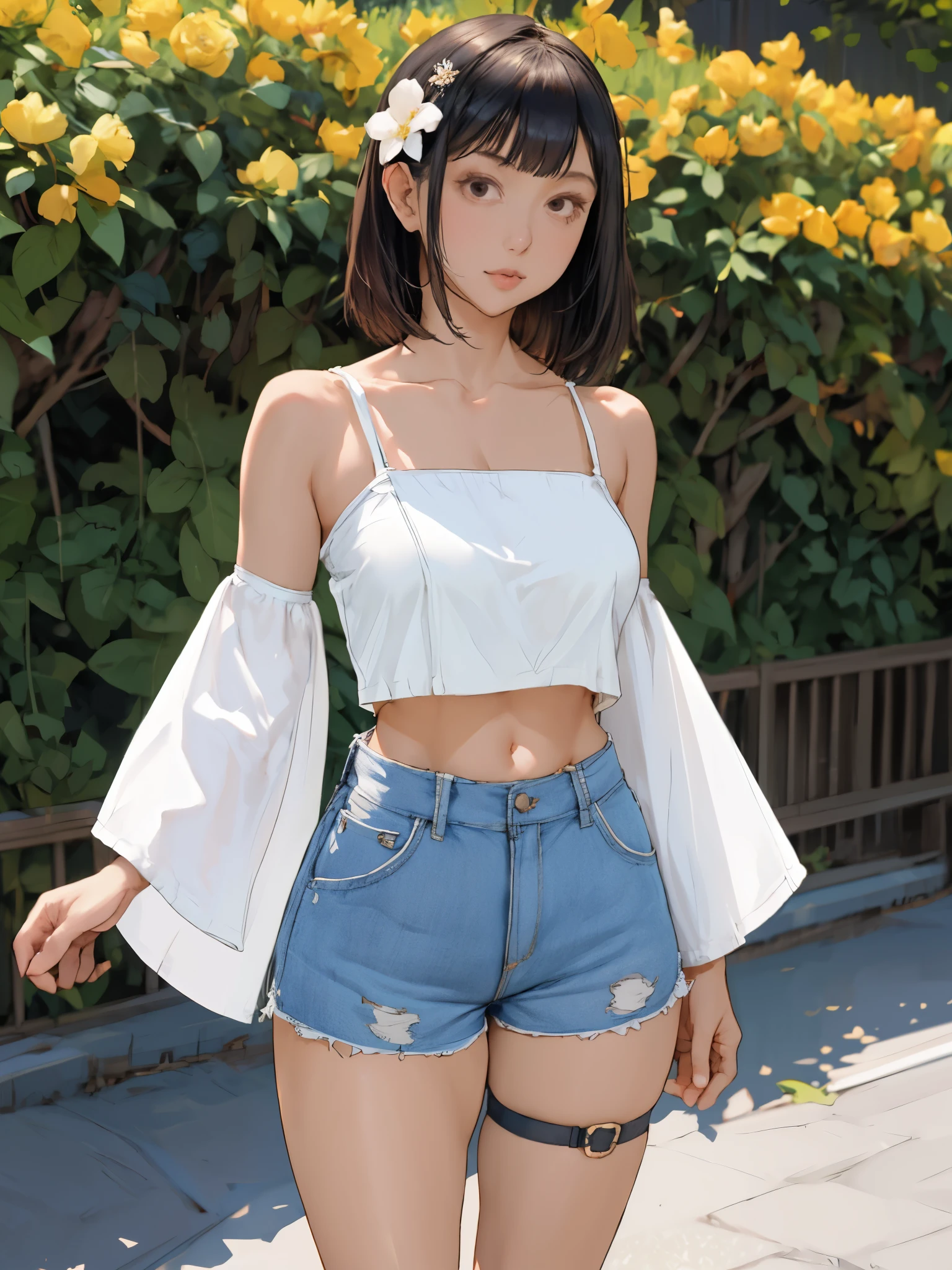 1girl, standing, (alluring gesture:0.6), detailed face, looking at viewer, thighs, crop top, low-rise micro shorts, thigh strap, (strap gap:1.2), dramatic lighting, flower hairpin, nose blush, (masterpiece, high quality, best quality:1.2), modern geometric patterned clothing, thick thighs, legs, (white theme:1.2), japanese, (****, cute:1.3), straight messy medium hair, (mole:0.8), large breasts, black eyes, (tareme, v-shaped eyes), short eyebrows, wide eyes, bangs, broad nose, puffy cheeks,