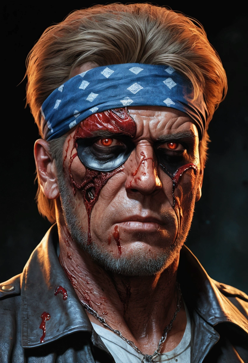 there's a KING man with a bloody face and a bandana, Iki face, 4k detailed horror art, KING DAVID, Portrait from the film 'They Live', terminator art, horror digital art, highly detailed vfx portrait of, Realistic portrait, photorealistic horror, pulp character portrait, barclay shaw 8k fotorrealista, irreal 5. rpg portrait, incredible resemblance