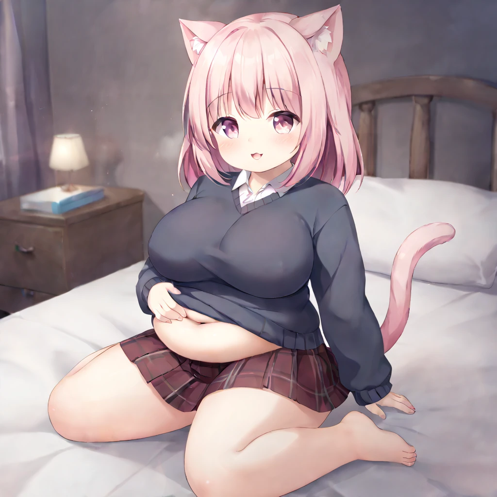 A chubby with pink hair and cat ears wearing a sweater and a skirt her belly is really big she sitting on a bed rubbing her belly