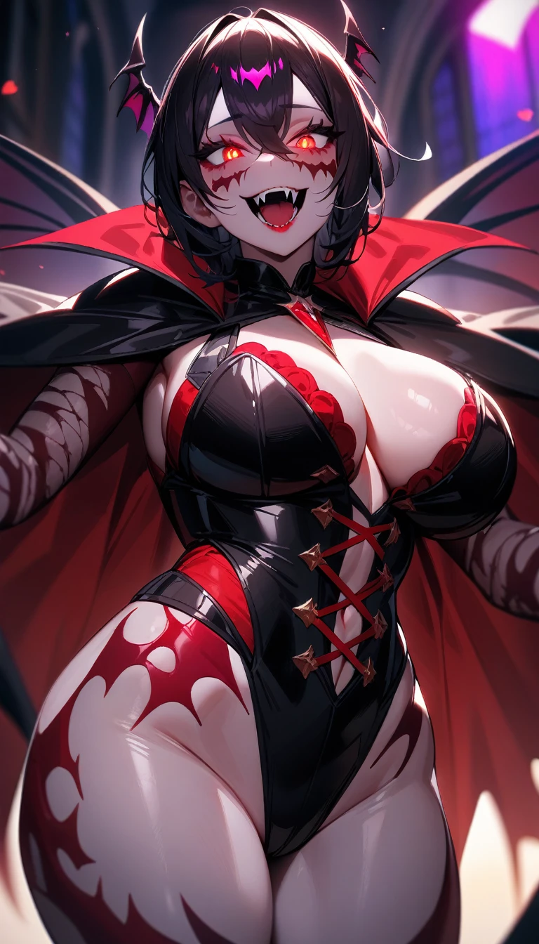1girl,solo,super detailed skin,shiny skin,seductive smile,majestic vampire wings, bloody skin,multicolored skin,vampire,fangs,glowing eyes,eyelashes ,large breasts,beautifully shaped breasts,vampire clothes,vibrant colors ,standing,apart legs ,masterpiece,best quality,ultra detailed,high resolution,sharp focus,depth of field