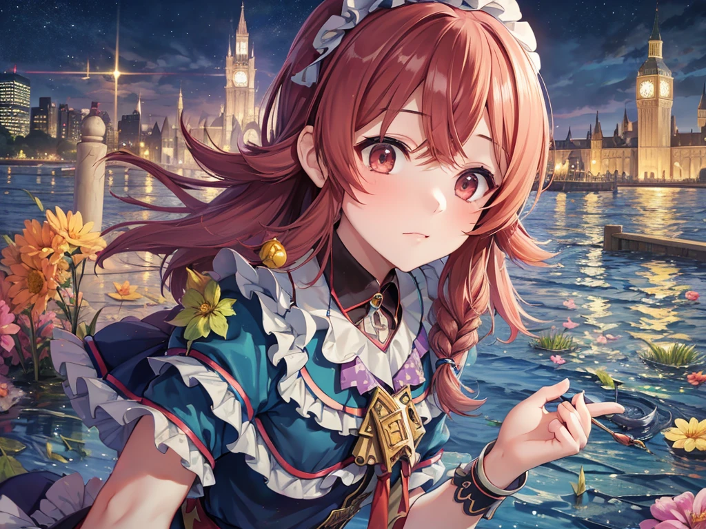 masterpiece, Highest quality, (1 beautiful girl :1.2), Straight hair, Fishtail Braid, 24-years-old, Medium chest, Standard weight, close your eyes, dissatisfaction:1.3, clown clothes, Lakeside、Perplexed attitude、Cobblestone cityscape