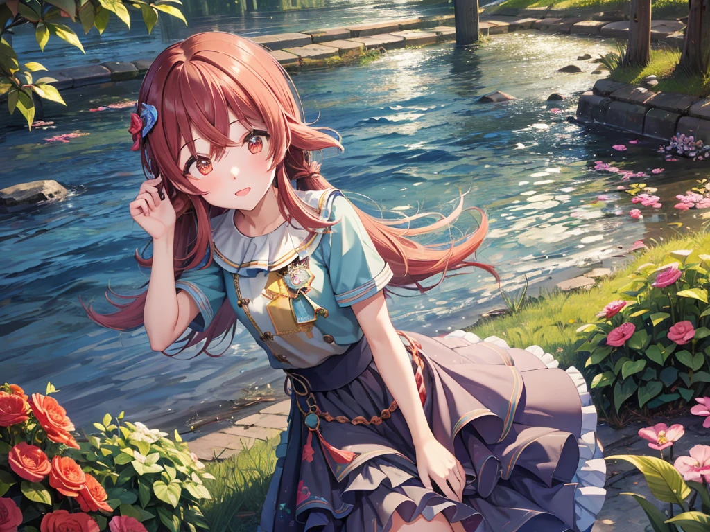 masterpiece, Highest quality, (1 beautiful girl :1.2), Straight hair, Fishtail Braid, 24-years-old, Medium chest, Standard weight,  close your eyes, dissatisfaction:1.3, clown clothes, Lakeside、Perplexed attitude、Cobblestone cityscape