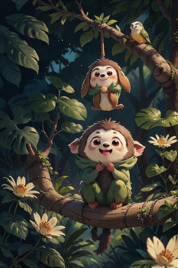Sloth hanging from a tree，Open your mouth，close, Pixar movie style, 最high quality, Still image, very cute, Big eyes, Birds and flowers around, Rainforest，very happy，Attention to detail, high quality, masterpiece, Accurate, Super detailed，