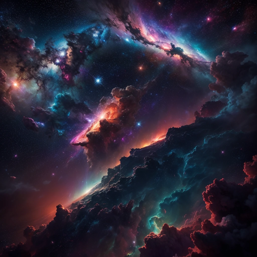 a breathtaking cosmic landscape, highly detailed nebula, swirling clouds of cosmic dust, glowing stars, vibrant colors, dramatic lighting, cinematic composition, photorealistic, 8k, masterpiece, digital art, concept art