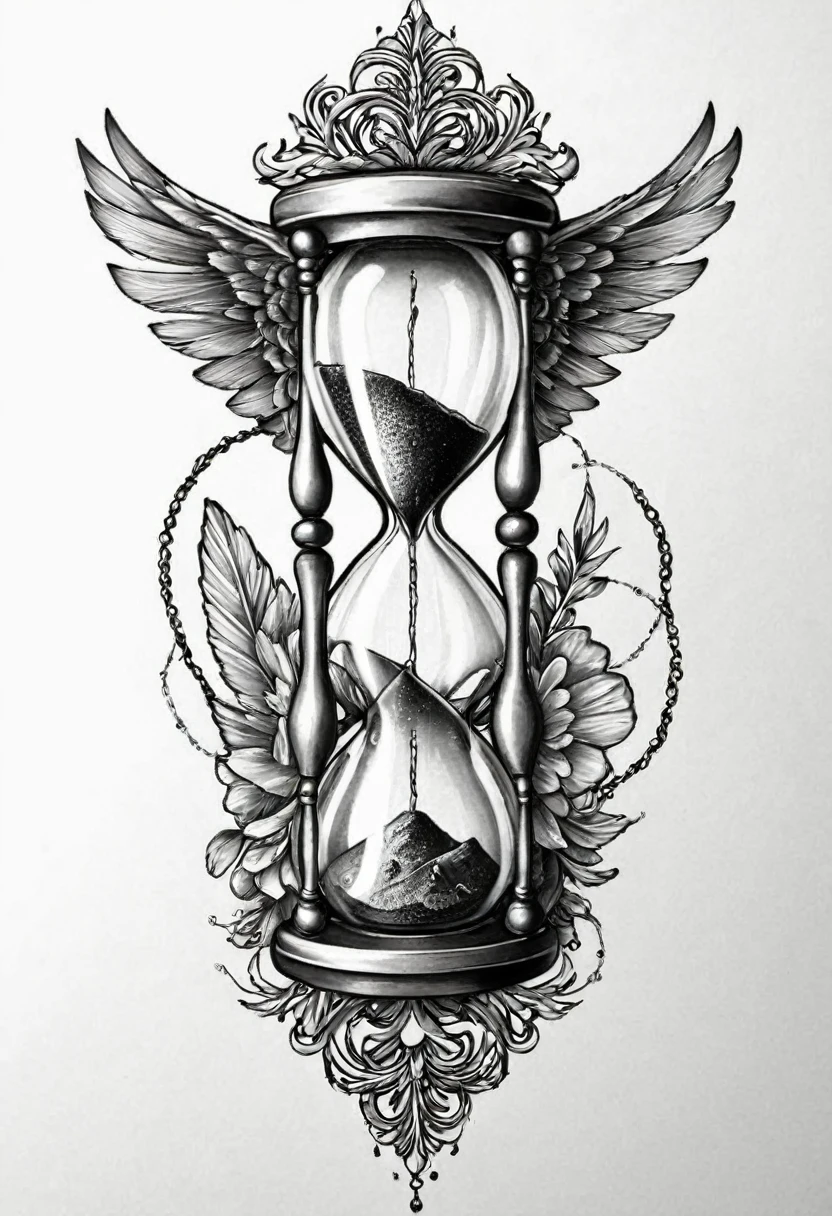 drawing of a tattoo, hourglass with wings 