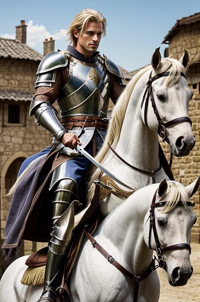 Handsome man, blonde with armor and sword on a white horse in a village