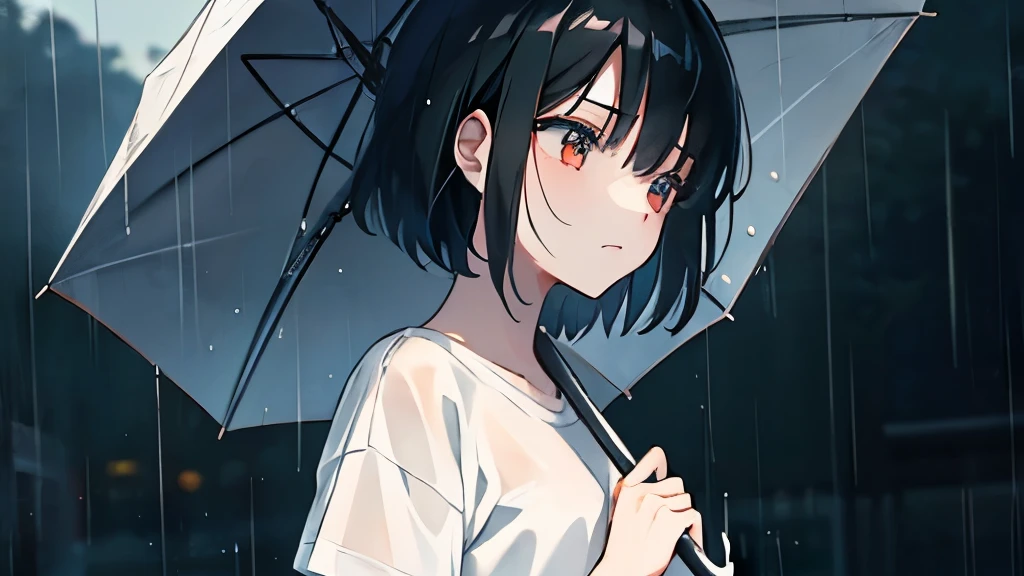 Delicate depiction、Girl getting hit by rain、Black Hair、Anxious face、Holding an umbrella、White T-shirt、