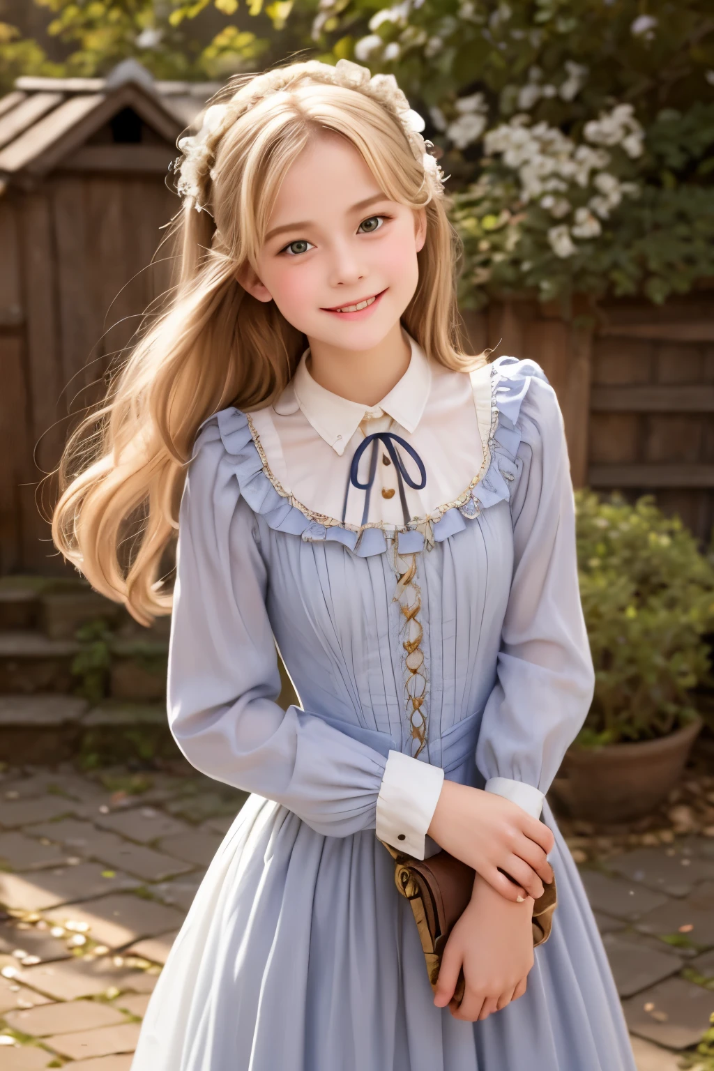 village realisticlying、Virginia Otis 15-year-old blonde hair blue eyes、City of victorian age, Europe. aristocrat girl、Looking up from below、 wear long sleeve sheer fabric dress、Various dynamic  poses、Face smile、cute face, Depicts the whole body、dinamyc pose
