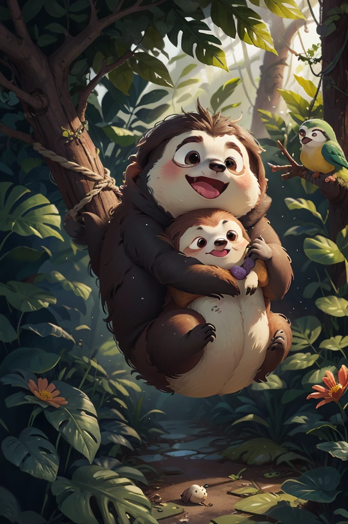 Sloth hanging from a tree,Open your mouth,close, Pixar movie style, 最high quality, Still image, very cute, Big eyes, Birds and flowers around, Rainforest,very happy,Attention to detail, high quality, masterpiece, Accurate, Super detailed,Lazy face and behavior