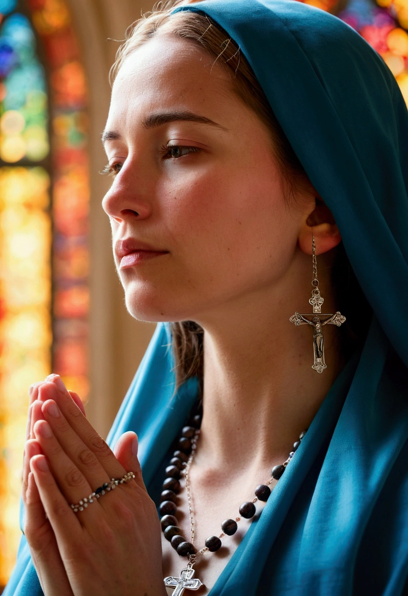 woman praying a rosary with a serene face and a bright background. The background image is a Catholic church, with an image of Jesus and Our Lady