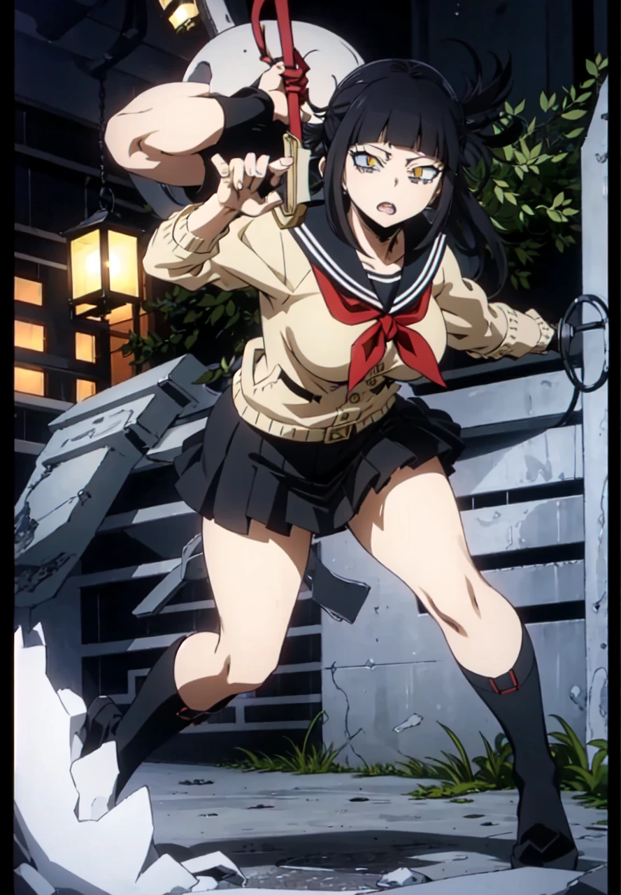 himikotoganova, (1girl, solo), (perfect eyes), black and violet hair, no bangs, yellow eyes, serafuku, sarashi bandage, big breasts, full body view