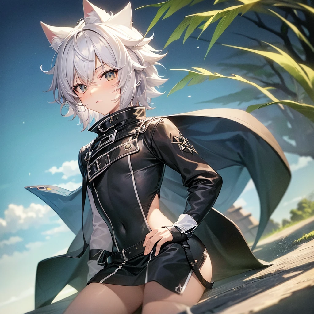 Cute catboy with white hair teenager around 13-15 years old with fluffy ears and messy hair that is short/medium