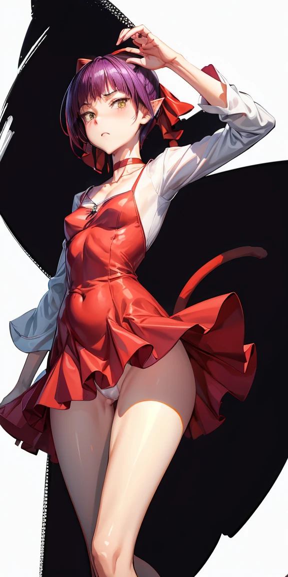 8K, 最High resolution, High resolution, masterpiece, No background, White Background, dynamic, 1 person, 1 personの女の子, Purple Hair, Yellow Eyes, Red dress, Red hair ribbon, Red High Heels, Pointed Ears, short hair, Red choker, bangs, clavicle, Long sleeve white T-shirt, jewelry, Take off, Pure white panties, Small breasts, Cat Paw Pose, From below, Embarrassed face, Cowboy Shot