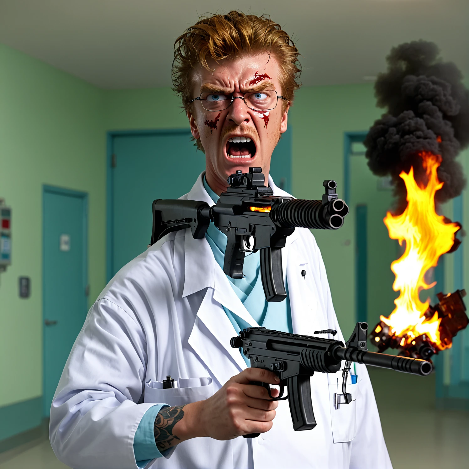 Fry, holding Machinegun, shot on eye, angry and Rage, burn hospital 