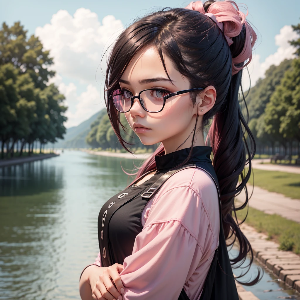 Sad girl, black glasses, hair ponytail, pink dress, background nature.