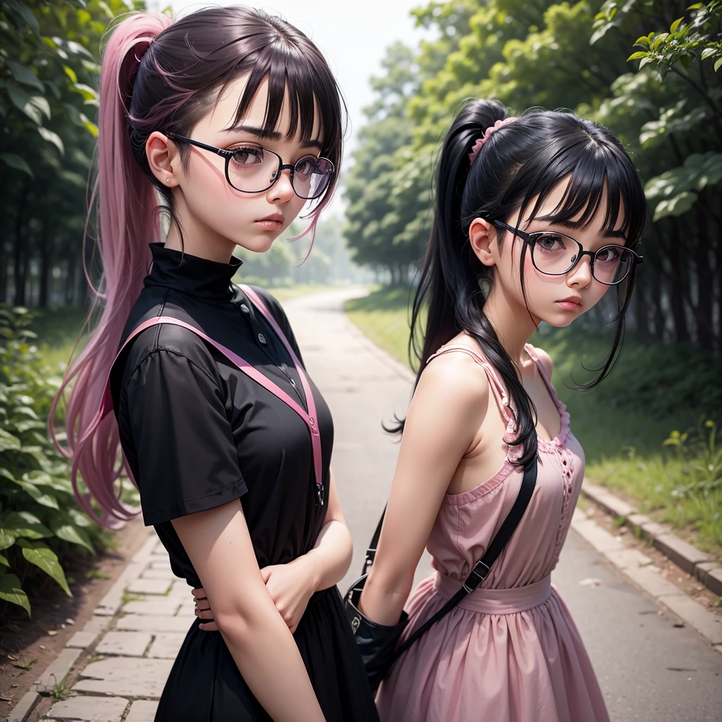 Sad girl, black glasses, hair ponytail, pink dress, background nature. 