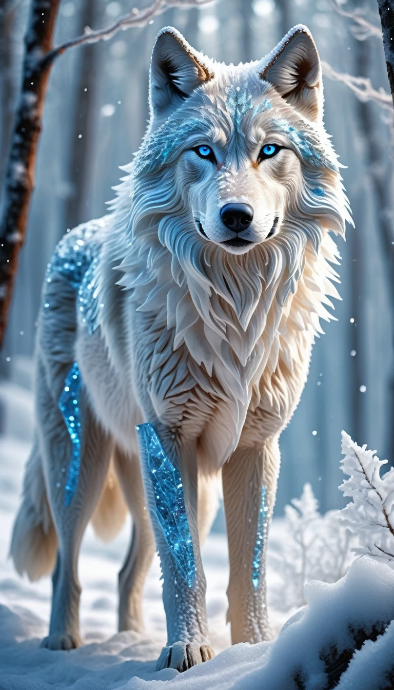 A majestic wolf made entirely of ice crystals, Crystalline Wolf, standing proud in a snowy landscape. Its body is transparent and refractive, with sharp, geometric ice formations creating its fur and features. Glowing blue eyes pierce through the icy exterior. The wolf's breath creates small snowflakes in the air. Surrounding the creature is a swirling miniature blizzard, hinting at its ability to control snow and ice. The background shows a stark, winter forest with snow-covered trees. Hyper-detailed, fantasy art style, digital painting."
