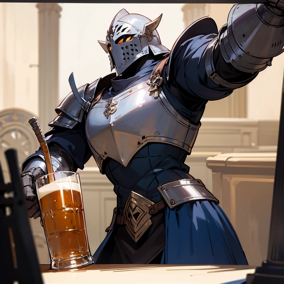 Fantasy, Friendly, male guard, still in armor, enjoying a pint.