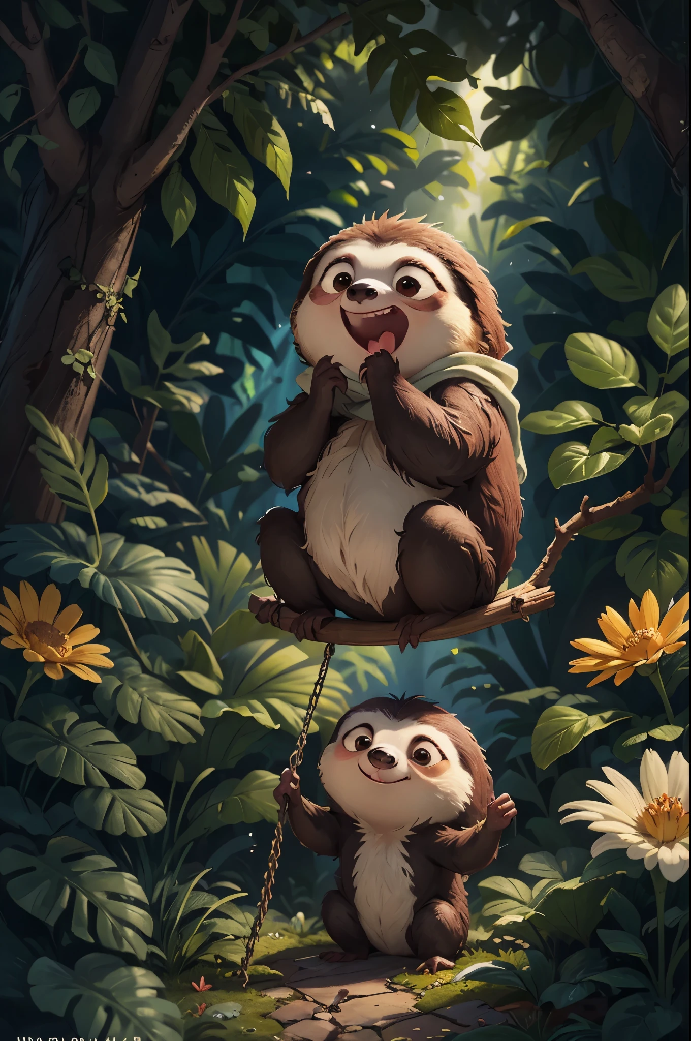 Sloth hanging from a tree，Open your mouth，close, Pixar movie style, 最high quality, Still image, very cute, Big eyes, Birds and flowers around, Rainforest，very happy，Attention to detail, high quality, masterpiece, Accurate, Super detailed，
