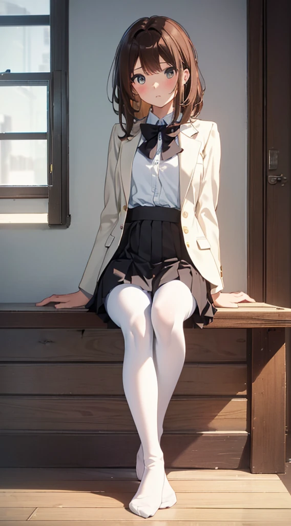 Top quality, masterpiece, High resolution, (Head to toe full body), front, frontやや下からの構図, Symmetric, Tall 18 year old girl, alone, (Head to toe), (Small breasts), Unkempt brown hair, bangs, (black tights), (Black Pantyhose), (Sit with your legs apart), (Crouching pose), (A composition showing white panties), (Her legs were spread、I see your white pants.), (I was made to sit on the floor with my legs spread..), (M-shaped legs), Thin legs, A very beautiful and tall 18 year old girl, (No shoes), blush, Shy big eyes, looking at the camera, Blazer Uniform, Checkered Pleated Skirt