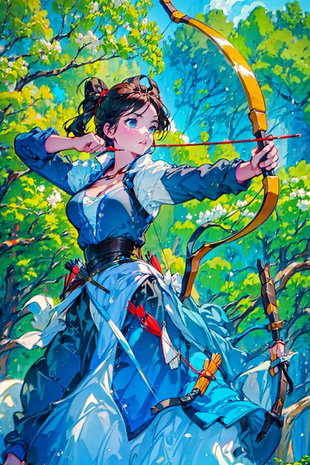 1girl,solo,cool,archery athlete,she hold a bow,draw a bow,archery,archer,cleavage,in archery venue, mounted archery