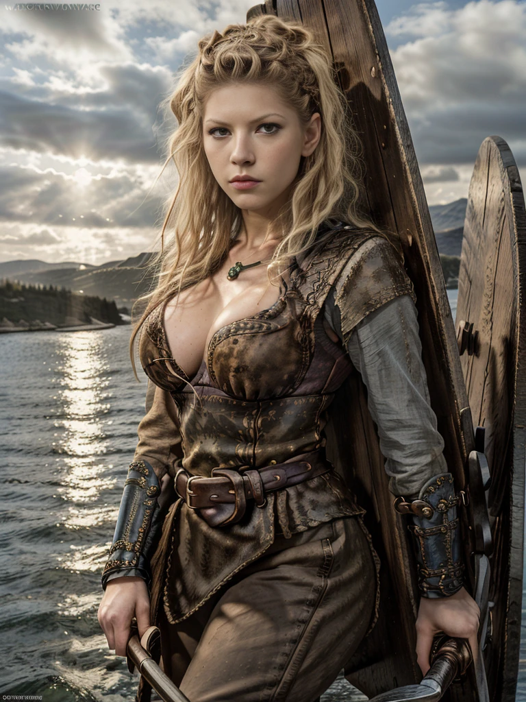 Masterpiece, a beautiful Viking woman, (Katheryn Winnick:1.1),, (peasant bodice), (ultra gigantic tits:1.3, SuperHuge boobs:1.3, ultra huge cleavage:1.3, ), (perfect body), outside, dirty,(skin texture:1.1), best quality, ultra high res, Raw photo, Nikon D850, backlight, rimlight, bright sunlight, film grain:1.2, (warm hue, warm tone:1.2), (color photo), fantasy Viking village background