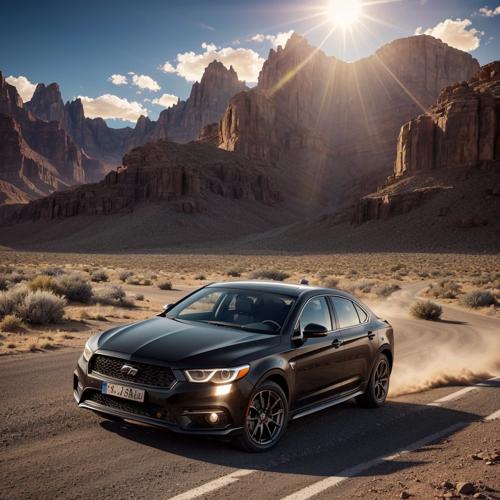 a beautiful black car on a desert road, hyperrealistic, 8k, high quality, intricate details, dramatic lighting, cinematic, photorealistic, volumetric lighting, god rays, desert landscape, rocky mountains, clear blue sky, fluffy clouds, sun glare, long shadows, dust particles, dynamic composition, precise details, premium quality