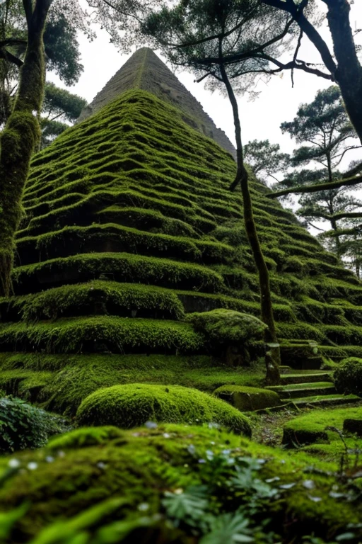 He reaches a clearing where stands an ancient pyramid covered in moss and vines.