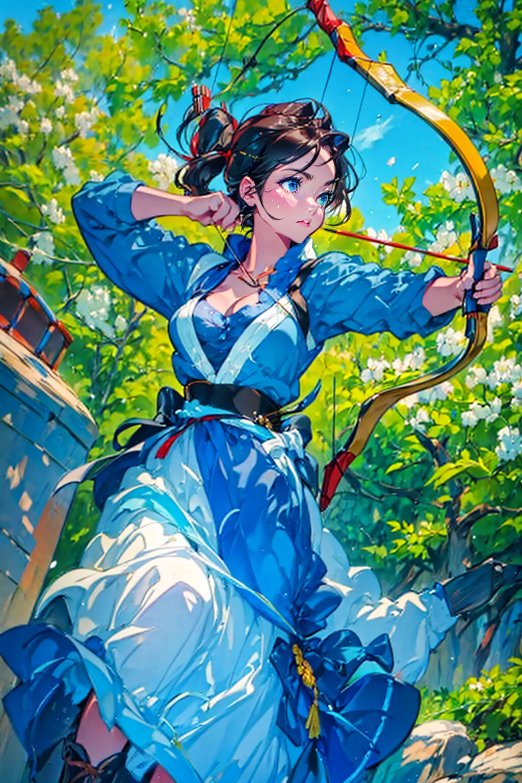 1girl,solo,cool,archery athlete,she hold a bow,draw a bow,archery,archer,cleavage,in archery venue, mounted archery